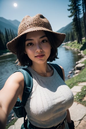 1 busty woman((upper body selfie, happy)), masterpiece, best quality, ultra-detailed,  solo, outdoors, (night), mountains, nature, (stars, moon) , cheerful, happy, backpack, sleeping bag, camping stove, water bottle, mountain boots, gloves, sweater, hat, flashlight, forest, rocks, river, wood, smoke, shadows, contrast, clear sky,
analog style (look at viewer:1.2)  (skin texture)
(film grain:1.3), (warm hue, warm tone)