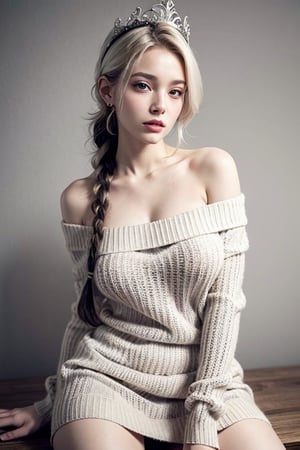 best quality,highly detailed,masterpiece,ultra-detailed,(realistic:1.2), 1 busty erotic face girl,(white background),simple background,Delicate eyes,silver hair, purple eyes,hair_ornament,(erotic off-shoulder white thin sweater dress:1.3),long hair,pointy_ears,crown_braid,expressionless,Straight hair,(++sitting:1.2),large breasts,cleavage,