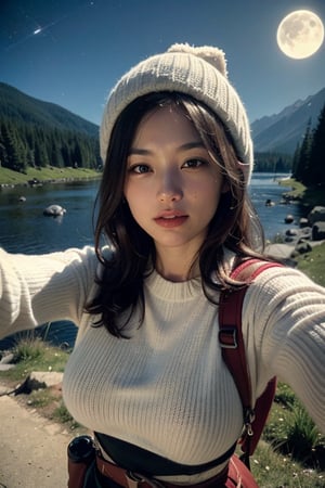 1 busty woman((upper body selfie, happy)), masterpiece, best quality, ultra-detailed,  solo, outdoors, (night), mountains, nature, (stars, moon) , cheerful, happy, backpack, sleeping bag, camping stove, water bottle, mountain boots, gloves, sweater, hat, flashlight, forest, rocks, river, wood, smoke, shadows, contrast, clear sky,
analog style (look at viewer:1.2)  (skin texture)
(film grain:1.3), (warm hue, warm tone)