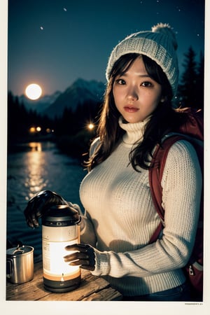 1 busty woman((upper body selfie, happy)), masterpiece, best quality, ultra-detailed,  solo, outdoors, (night), mountains, nature, (stars, moon) , cheerful, happy, backpack, sleeping bag, camping stove, water bottle, mountain boots, gloves, sweater, hat, flashlight, forest, rocks, river, wood, smoke, shadows, contrast, clear sky,
analog style (look at viewer:1.2)  (skin texture)
(film grain:1.3), (warm hue, warm tone)