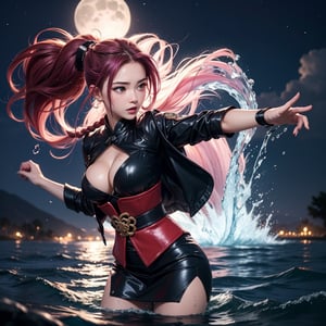 18 yo girl,(1 busty girl),erotic samurai suit, braid ponytail magenta highlights hair,roof,night,moonlight,attack poses with water tornado splashing around the girl,water streaming,water splashing,