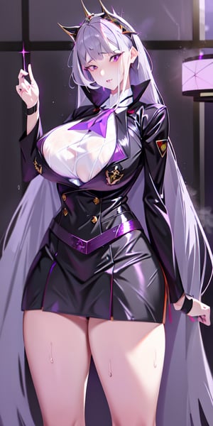 (1girl), 1girl, grey hair, multicolored hair, purple eyes, sparkle eyes ,mask on face, sidelighting, light particles, wallpaper,full pose,fantasy, wide lens angle, uniforms, grey hair, purple eyes, (large breasts), (sweat),  sweaty,fishnets , big bootm , big_breast,fishnets