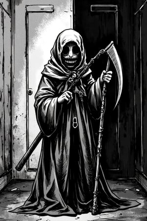 (masterpiece, best quality:1.2),  a female grimm_reaper, holding a scythe, beside a bedroom, exquisite face, horror mangaz,