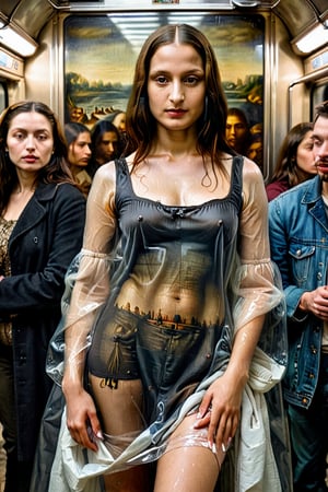 Leonardo's classic painting entitled Mona Lisa, transparent clothes,crowded subway on background,(masterpiece) (beautiful composition) (Fuji film), dlsr, highres, high resolution, intricately detailed, 4k, highly detailed face, highly detailed skin, , Caravaggio lighting,dark place