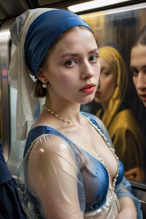 Vermeer's classic painting entitled Girl with Pearl Earring, transparent clothes,crowded subway on background,(masterpiece) (beautiful composition) (Fuji film), dlsr, highres, high resolution, intricately detailed, (hyperrealistic oil painting:0.77), 4k, highly detailed face, highly detailed skin, volumetric lighting dynamic lighting, Caravaggio lighting,dark place