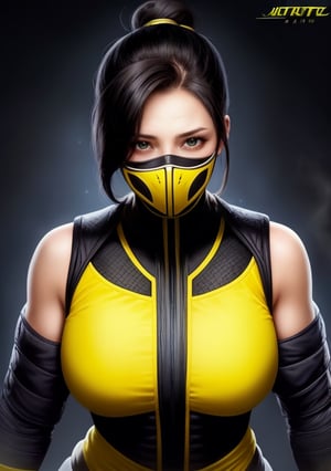 1 girl, caucasian, black hair, ((mid facial mask)), ponytail, blue eyes, ((black and yellow ninja suit)), ((mortal kombat's scorpion's suit)), big breast, narrow waist, wide hips, holding a sword, highly detailed, cinematic, sublime, sharp focus, extremely fine detail, glowing rich colors, intricate, elegant