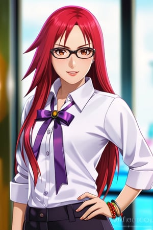 Karin_XL, 1girl, solo, long hair, looking at viewer, shirt, ribbon, navel, jewelry, white shirt, collared shirt, blurry, bracelet, hand on hip, watermark, web address, sleeves rolled up, black-framed eyewear, purple ribbon, vivid colors, color marked, perfect, sharp focus, extremely detailed