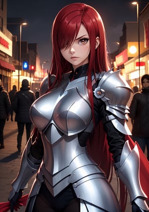  1girl, Erza_FT, brown eyes, hair over one eye, ((Erza Scarlet)), armored, curvy_figure, perfect eyes, masterpiece, best quality, 4K, HDR, cinematiclighting