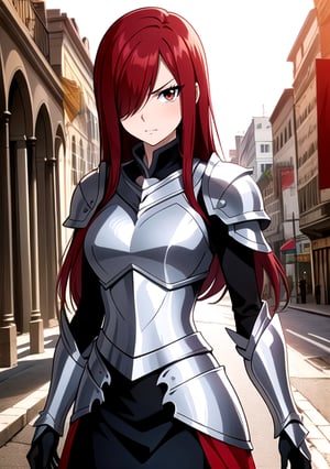  1girl, Erza_FT, brown eyes, hair over one eye, ((Erza Scarlet)), armor, perfect eyes, masterpiece, best quality, 4K, HDR, cinematiclighting