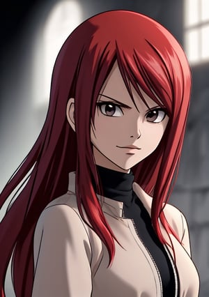 (masterpiece, best quality), intricate details, thin, ((slim)), beautiful girl, Erza_FT, white skin, light brown eyes, sharp jawline, cropped jacket, messy hair, upper body, close up, smirk,Erza_FT,<lora:659111690174031528:1.0>