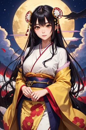 1girl, amaterasu omikami, japanese goddess, black hair, golden eyes, japanese clothes, hair ornament