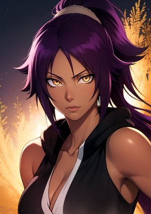  1girl, Yoruichi_Bleach, yellow eyes, ((Yoruichi Shihouin)), curvy_figure, perfect eyes, masterpiece, best quality, 4K, HDR, cinematiclighting,Yoruichi_Bleach,photorealistic,