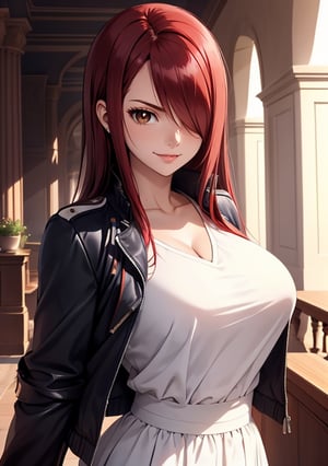 (masterpiece, best quality), intricate details, curvy_figure, beautiful girl, Erza_FT, hair over one eye, white skin, light brown eyes, sharp jawline, cropped jacket, smirk,Erza_FT