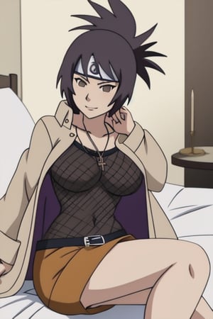 Sexy, anime, ass, sensual and seductive pose, cute, sexy, hot, laying in bed, mitarashi anko, forehead protector, necklace, trenchcoat, mesh top, mesh shorts, orange skirt