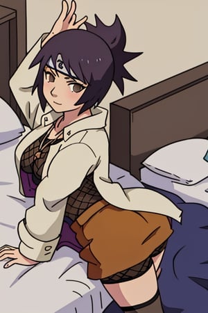 Sexy, anime, ass, sensual and seductive pose, cute, sexy, hot, laying in bed, mitarashi anko, forehead protector, necklace, trenchcoat, mesh top, mesh shorts, orange skirt