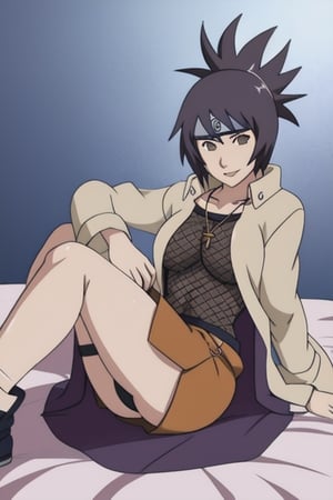 Sexy, anime, ass, sensual and seductive pose, cute, sexy, hot, laying in bed, mitarashi anko, forehead protector, necklace, trenchcoat, mesh top, mesh shorts, orange skirt