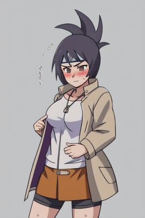 (zipping), (jacket_tug), 1girl, track jacket, white shirt, sweat, blush, mitarashi anko, forehead protector, necklace, trenchcoat, mesh top, mesh shorts, orange skirt