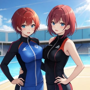 waifu, red hair, sport suit, short hair, medium breast, beatiful