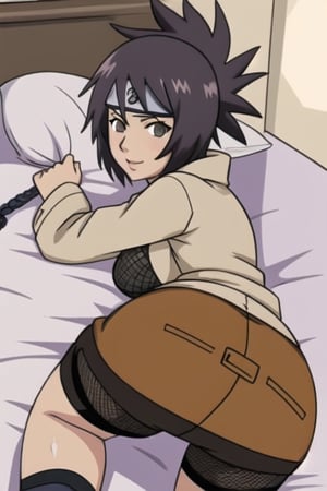 Sexy, anime, ass, sensual and seductive pose, cute, sexy, hot, laying in bed, mitarashi anko, forehead protector, necklace, trenchcoat, mesh top, mesh shorts, orange skirt