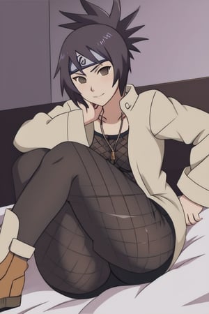 Sexy, anime, ass, sensual and seductive pose, cute, sexy, hot, laying in bed, mitarashi anko, forehead protector, necklace, trenchcoat, mesh top, mesh shorts, orange skirt