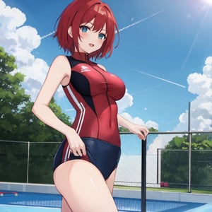 waifu, red hair, sport suit, short hair, medium breast, beatiful