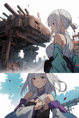 style of Halil Ural, style of Tadahiro Uesugi,A series of films, six frames, two women arguing,action, by Hayao Miyazaki, studio Ghibli, Illustration, Character Design, Watercolor, Ink, thematic background, japan, ambient enviroment, epic, candystyle, white hair, bare shoulders, detached sleeves,light_purple_eyes,Emilia