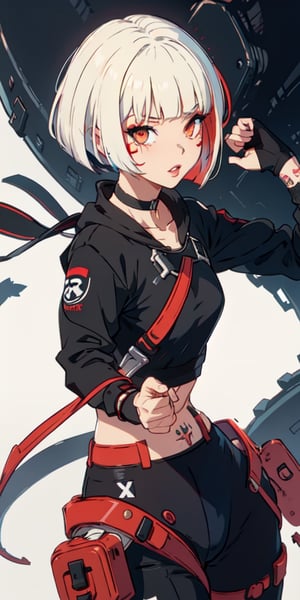 (tactical sweatshirt), (dynamic pose), black background, teenager, female_solo, upper body,looking at viewer, small breasts, white background, bob cut, short hair, multicolored hair, makeup, parted lips, red lips, eyeliner, walkure /(takt op./), choker, harnesses, warrior tattoos, ,BiBa,EnvyBeautyMix23