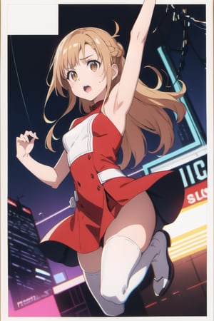 (break screen:1.4),extremely delicate and beautiful,depth of field,dutch angle,magazine cover,asymmetrical shot,chromatic aberration,
//
(skinny girl jumping in the air:1.5)open mouth,🖐,☝,open arm, light brown long hair, white and red dress
// 
(white border:1.5),neon light,absurdres,monitor,inscription,asymmetric composition,text,sign,volume light, best shadow,diives,glitch,power lines,cyberpunk,asuna yuuki