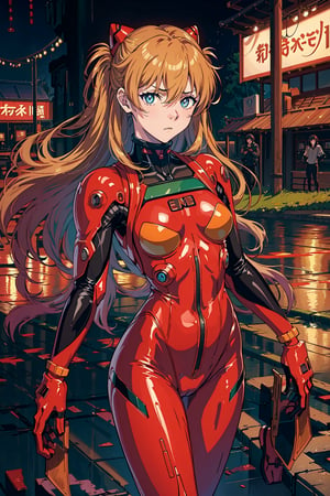 best quality, painting, cyberpunk anime, (intense_angle:0.6), standing, wet ((female_battle_android)), 20 years old, (anger vein), ((diamond_shaped_pupils)), (looking to viewer), detailed eyes, mechanical_parts, (flush:1.3), (shimmer iridescent hair), motion_lines, face in focus, dim colors, HD, intridicated, ultra detailed cyberpunk rainy background, highly detailed, (by Kawase Hasui:1.3),CGSociety,ArtStation, m4a1 gun in hand, souryuuasukalangley, plugsuit 02, interface headset