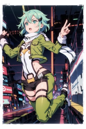 (break screen:1.4),extremely delicate and beautiful,depth of field,dutch angle,magazine cover,asymmetrical shot,chromatic aberration,
//
(skinny girl jumping in the air:1.5)open mouth,🖐,☝,open arm, sinon1, scarf, fingerless gloves, long sleeves, short shorts, hair ornament, hairclip, green thighhighs, green jacket, thigh strap
// 
(white border:1.5),neon light,absurdres,monitor,inscription,asymmetric composition,text,sign,volume light, best shadow,diives,glitch,power lines,cyberpunk,SINON1