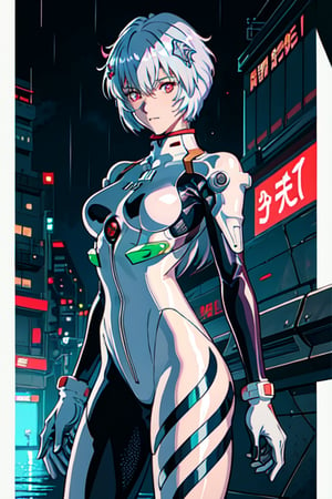 best quality, painting, cyberpunk anime, (intense_angle:0.6), standing, wet ((female_battle_android)), 20 years old, (anger vein), ((diamond_shaped_pupils)), (looking to viewer), detailed eyes, mechanical_parts, (flush:1.3), (shimmer iridescent silver hair), motion_lines, face in focus, dim colors, HD, intridicated, ultra detailed cyberpunk rainy background, highly detailed, (by Kawase Hasui:1.3),CGSociety,ArtStation, m4a1 gun in hand,ayanamirei, white plugsuit, interface headset