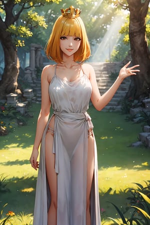 masterpiece, best quality, highly quality , (cute smile:1.2) , HnMdrkw-KJ  , Brown eyes , (natural light, sun light, light rays, dappled light:1.2) , Masterpiece, best quality, highly detailed , narrow_waist , full shot , standing , (crown,long dress,Greek dress, ancient times:1.2) , park , grass , 