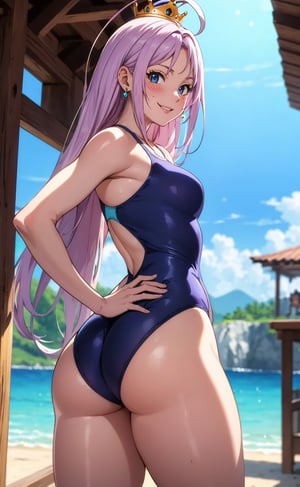masterpiece, best quality, highly quality , Maya-Natsume-KJ , looking at viewer, blush , (one piece swimsuit:1.2), cowboy shot , (thighs:1.4) , hourglass body , small waist , wide hips , (crown:1.2) , from below , (thick thighs:1.2) , hands on hips ,smile , earrings , lips , standing , looking_at_viewer ,  from behind , ass shot , Big ass , long hair, (scenery:1.4) , shorts hair , ahoge