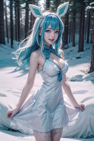 1girl, solo, long hair, breasts, looking at viewer, blush, smile, bangs, blue eyes, dress, animal ears, bare shoulders, medium breasts, open mouth, blue hair, standing, white hair, sidelocks, multicolored hair, big breasts, outdoors, sky, sleeveless, day, cloud, white dress, two-tone hair, blue sky, bare arms, sleeveless dress, short dress, cleavage, snowy winter landscape with a cozy cabin in the woods, surrounded by tall pine trees dusted with snow, the sky should be a soft, pale blue, and large, fluffy snowflakes should be falling gently from the sky, covering the ground in a pristine blanket of white, perfect hands, better hands, 