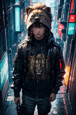 isometric view of a chibi cute hyperrealistic futuristic soldier lion wearing cyberpunk jacket. Cinematic, hyper detailed, black neon background , highly detailed, zoomed out,one picture, animal

