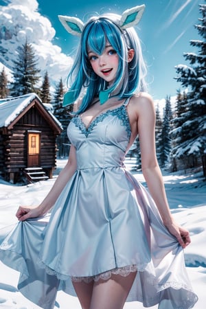 1girl, solo, long hair, breasts, looking at viewer, blush, smile, bangs, blue eyes, dress, animal ears, bare shoulders, medium breasts, open mouth, blue hair, standing, white hair, sidelocks, multicolored hair, big breasts, outdoors, sky, sleeveless, day, cloud, white dress, two-tone hair, blue sky, bare arms, sleeveless dress, short dress, cleavage, snowy winter landscape with a cozy cabin in the woods, surrounded by tall pine trees dusted with snow, the sky should be a soft, pale blue, and large, fluffy snowflakes should be falling gently from the sky, covering the ground in a pristine blanket of white, perfect hands, better hands, 