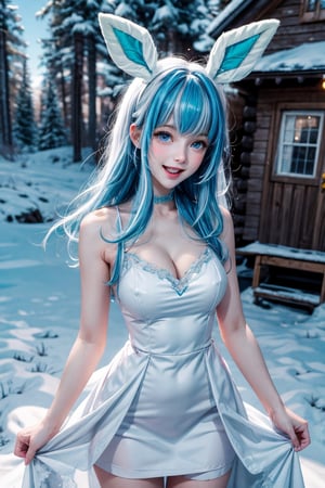 1girl, solo, long hair, breasts, looking at viewer, blush, smile, bangs, blue eyes, dress, animal ears, bare shoulders, medium breasts, open mouth, blue hair, standing, white hair, sidelocks, multicolored hair, big breasts, outdoors, sky, sleeveless, day, cloud, white dress, two-tone hair, blue sky, bare arms, sleeveless dress, short dress, cleavage, snowy winter landscape with a cozy cabin in the woods, surrounded by tall pine trees dusted with snow, the sky should be a soft, pale blue, and large, fluffy snowflakes should be falling gently from the sky, covering the ground in a pristine blanket of white, perfect hands, better hands, 