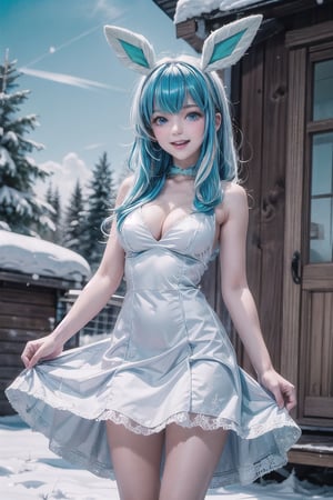 1girl, solo, long hair, breasts, looking at viewer, blush, smile, bangs, blue eyes, dress, animal ears, bare shoulders, medium breasts, open mouth, blue hair, standing, white hair, sidelocks, multicolored hair, big breasts, outdoors, sky, sleeveless, day, cloud, white dress, two-tone hair, blue sky, bare arms, sleeveless dress, short dress, cleavage, snowy winter landscape with a cozy cabin in the woods, surrounded by tall pine trees dusted with snow, the sky should be a soft, pale blue, and large, fluffy snowflakes should be falling gently from the sky, covering the ground in a pristine blanket of white, perfect hands, better hands, 