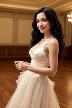 A graceful girl with long black hair and violet eyes is dancing in a ballroom. She is wearing a white gown and a silver necklace. She has a pair of white gloves and a fan in her hands, and she is moving with elegance and poise. She loves music and dance, and she is always graceful and refined. She has a gentle personality and a charming smile. She is polite and courteous, and she impresses everyone with her manners. She likes to dance with different partners and make them feel special. She has a passion for beauty and a sense of style. She is cute and sophisticated, and everyone respects her. She hopes that one day, she will be able to dance with her true love and live happily ever after.