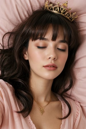 fashion portrait, looking at camera, upperbody, 1girl, curly bangs, curly hair, medium hair, blonde hair, blue eyes, makeup, pink dress, tiara, gold necklace, see-through sleeves, sleeping on bed, lying back, laying back on bed, on back, laying on bed, royal bedroom, roses on bed, royalty, night time, candle-lit, volumetric lighting, realistic, blurred background