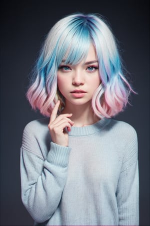 RAW Photo, DSLR, professional color graded, BREAK ((Chromatic aberration)) portrait of 1girl, solo, multicolored hair, ((gradient hair), white+(blue)+(pink:0.8) hair//), very long hair, messy hair, bangs, ahoge, ((gradient eyes), pink+light_blue eyes//), slit pupils, glowing eyes, :o, white sweater, best quality