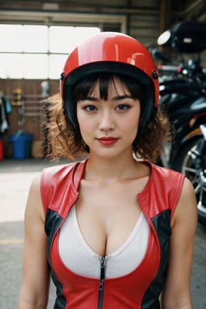 fashion portrait, looking at camera, posing for camera, 1girl, curly bangs, curly hair, long hair, blonde hair, blue eyes, makeup, smirk, sweaty, holding Motorcycle helmet, motorcycle sporty jumpsuit, unzipped, cleavage, Japanese Sporty Motorcycle hot day, outdoors, mechanic shop, garage, volumetric lighting, realistic, blurred background