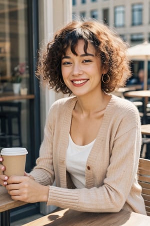 fashion portrait, looking at camera, upperbody, 1girl, curly bangs, curly hair, medium hair, blonde hair, blue eyes, makeup, smiling, teeth, half closed eyes, beige cardigan, collarbone, holding coffee cup sitting at table, cafe, outdoors, bustling city, volumetric lighting, realistic, blurred background