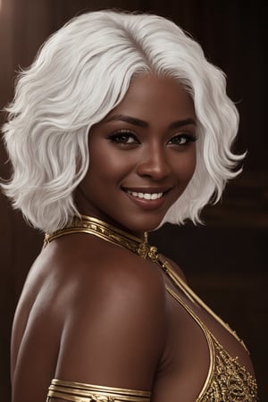 HDR, 8K resolution, intricate detail, sophisticated detail, depth of field, photorealistic, sharp focus, absurdres, Antandra_AFK, dark skin, white hair, smiling, cinematic composition, dynamic pose