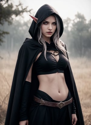 HDR, 8K resolution, intricate detail, sophisticated detail, depth of field, photorealistic, sharp focus, absurdres, drow, female, pointy ears, solo, elf, navel, hood, colored skin, midriff, looking at viewer, long hair, cloak, dark elf, breasts, white hair, hood up, cape, medium breasts, hooded cloak, belt, pouch, red eyes, grey skin, orange eyes, upper body, weapon, glowing eyes, lips, 