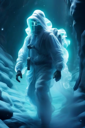 Time traveler, arriving in a bioluminescent past era. glow photography. Natural geographic photo. Hyper-realistic, 16k resolution, intricate details. (masterpiece, award winning artwork) many details, extreme detailed, full of details, Wide range of colors, high Dynamic,ice