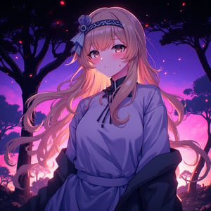 vibrant color, cinematic lights, anime, girl, blonde, dress, shy, park background