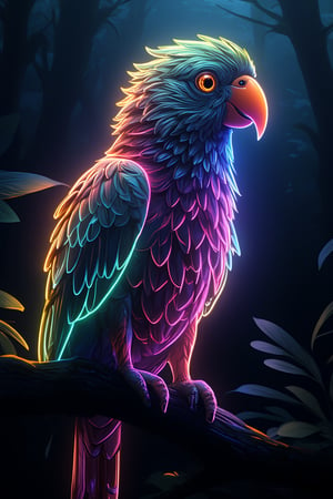 spectacular digital rendering of a neon parrot accurate lighting and shadows, 8k quality, intricate patterns, high-definition, glossy neon finish, vivid reflections, perfect lighting, in a jungle,midjourney,noc-detail