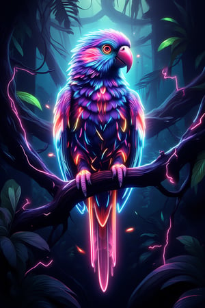 spectacular digital rendering of a neon parrot accurate lighting and shadows, 8k quality, intricate patterns, high-definition, glossy neon finish, vivid reflections, perfect lighting, in a jungle,midjourney,noc-detail