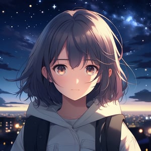 1girl, casual outfit, outdoors, looking at viewer, medium hair, close view,starry sky, sky, night,midjourney,anime